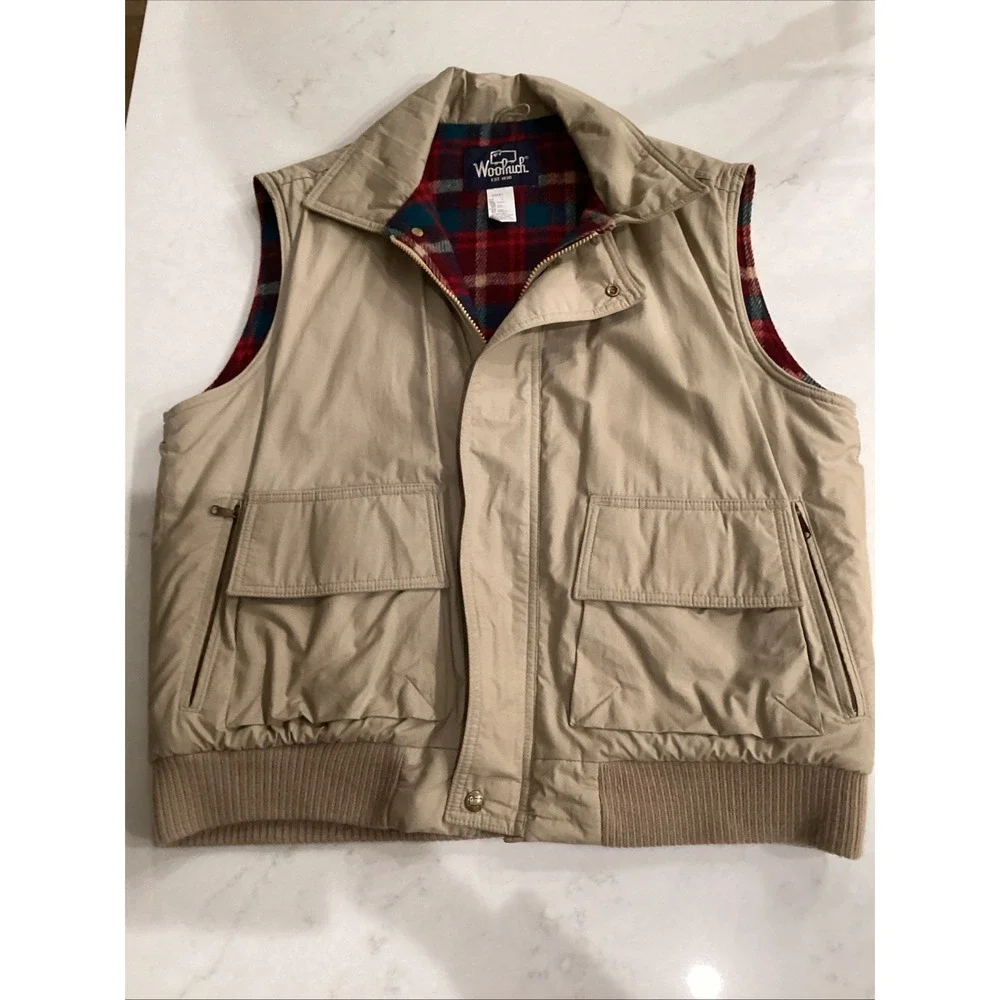 Woolrich Wool Blanket Lined Canvas Hunting Vest Plaid/Tan Men's Large Vintage